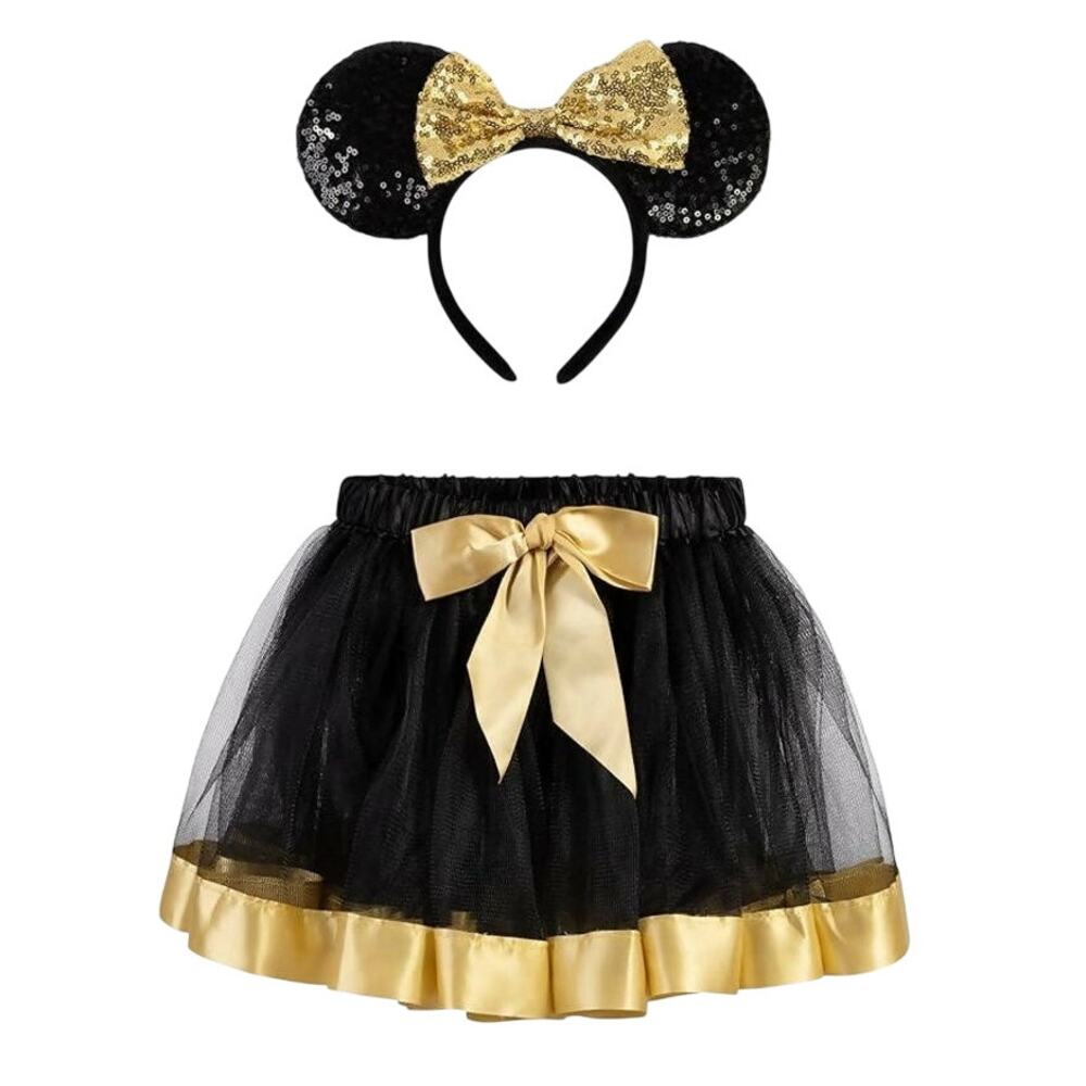 Mouse Costume 2-5 Yrs Black & Gold Tutu with Sequin Mouse Ears Headband